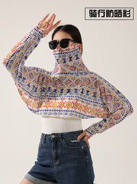 Women's UV Protection Driving Shawl with Face Mask, Ice Silk Long Sleeve Sun Protection Cape for Cycling