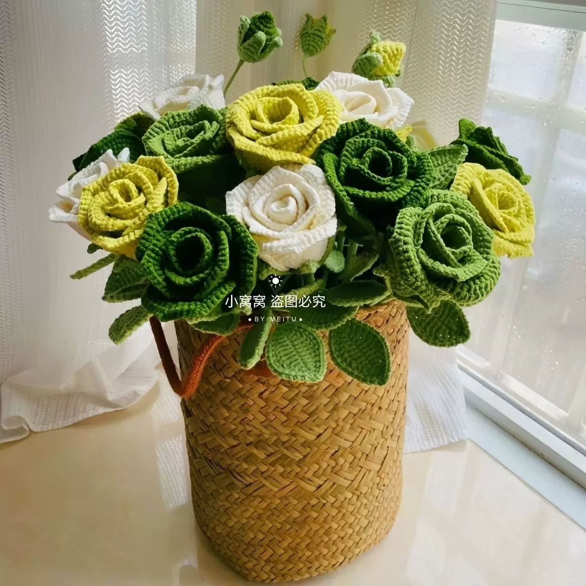 Vintage Green Rose Crochet Kit DIY Yarn Material Pack for Table & Living Room Decor