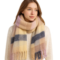 Mohair Plaid Scarf for Women, Korean Style Plush Tassel Warm Neck Wrap
