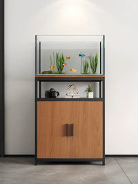 Minimalist Solid Wood Aquarium Stand with Metal Frame for Living Room, Multi-tier Fish Tank Base Cabinet