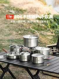 Outdoor Camping Cookware Set with Kettle and Frying Pan, Stainless Steel Portable Cooking Pot for Backpacking and Travel