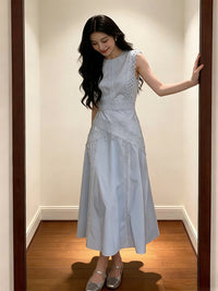French Style Lace Patchwork Sleeveless Long Dress for Women, Blue