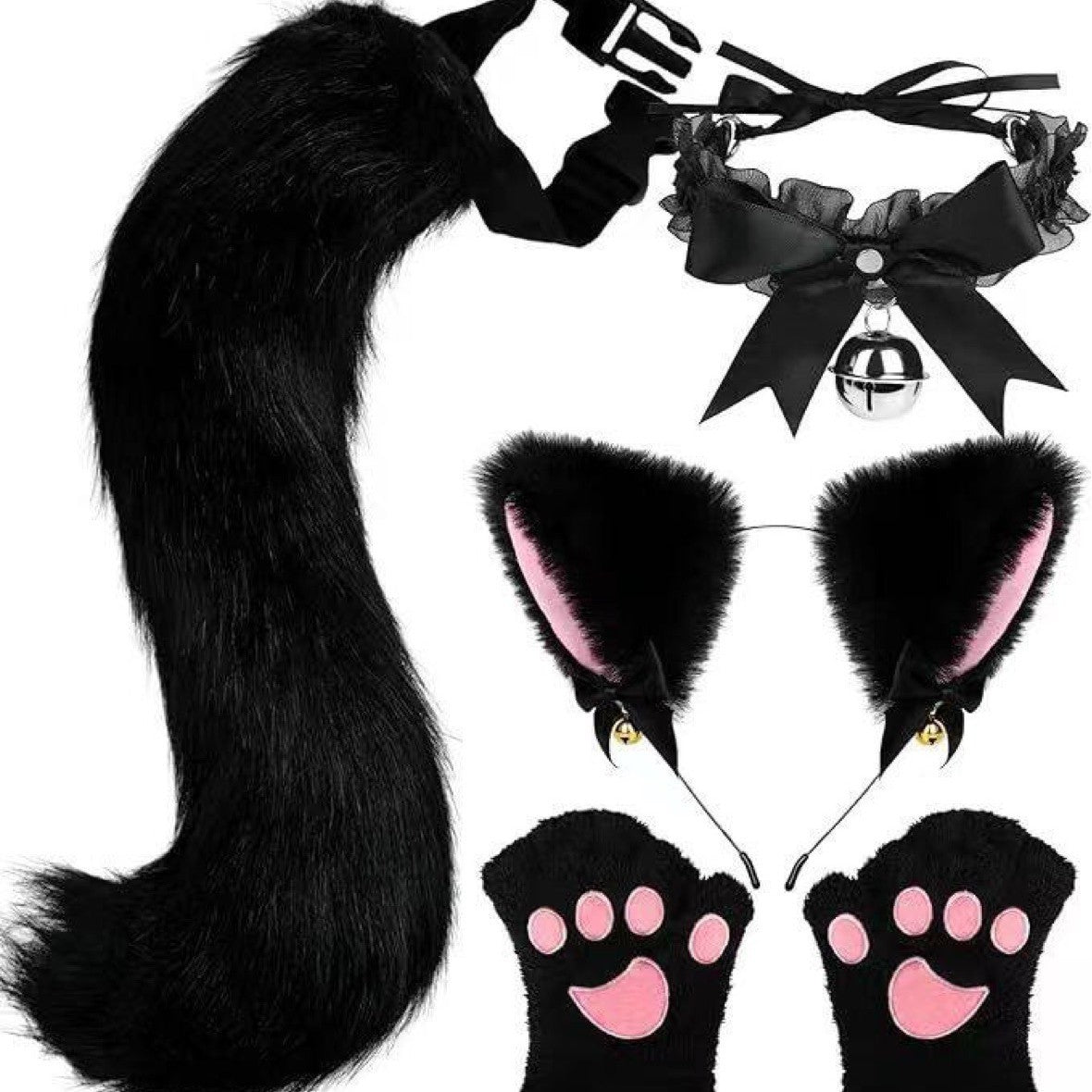 Cute Cat Ear Headband Bell Set with Paw Gloves and Tail for Cosplay