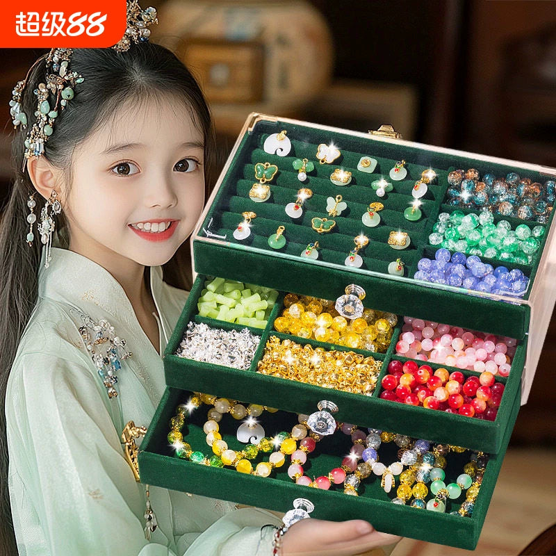 Girls' DIY Beaded Bracelet Kit with Ancient Chinese Style Charms for Children's Day Gift