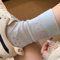 Korean Style Creamy Hollow-Out Floral Mid-Calf Socks