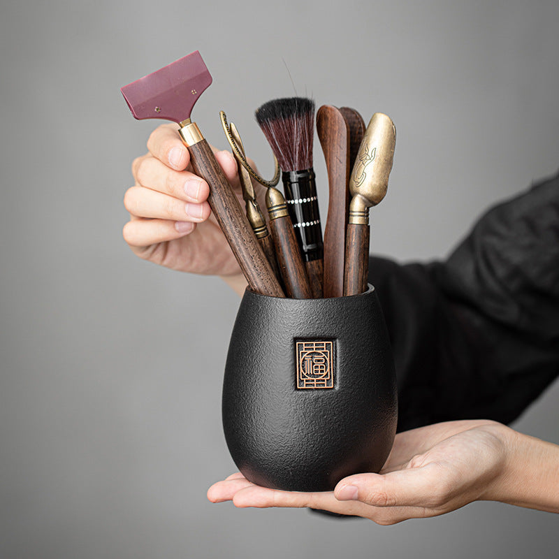 Kung Fu Tea Ceremony Tool Set with Black Pottery Tea Accessories and Tea Clip