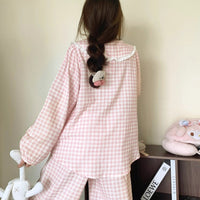 Women's Cloud Cotton Plaid Pajama Set with Doll Collar Long Sleeve