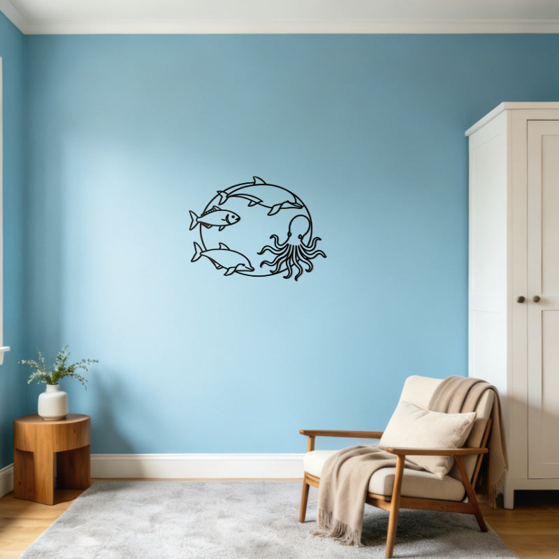 Minimalist Ocean-Themed Metal Wall Decor - Round Hollow Dolphin Octopus Fish Art