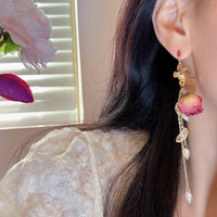 New Vintage Preserved Rose Flower Shell Pearl Tassel Earrings for Women