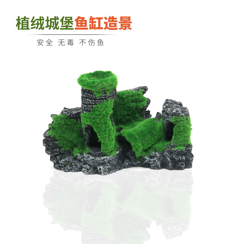 Aquarium Castle Mountain Ornament with Flocked Greenery, Fish Tank Decoration