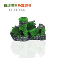 Aquarium Castle Mountain Ornament with Flocked Greenery, Fish Tank Decoration