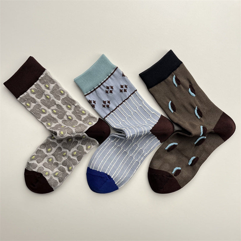 Japanese Retro Polka Dot Color Block Mid-Calf Socks for Women - Breathable Cotton
