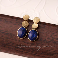 French Vintage Lapis Lazuli Oval Earring Studs DIY Jewelry Accessories with Rhinestone Inlay