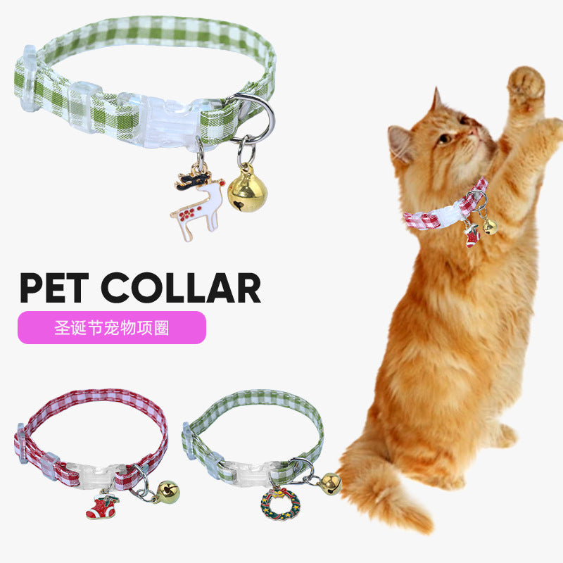 Christmas Pet Collar with Bell and Pendant for Cats and Small Dogs, Adjustable Plaid Safety Buckle