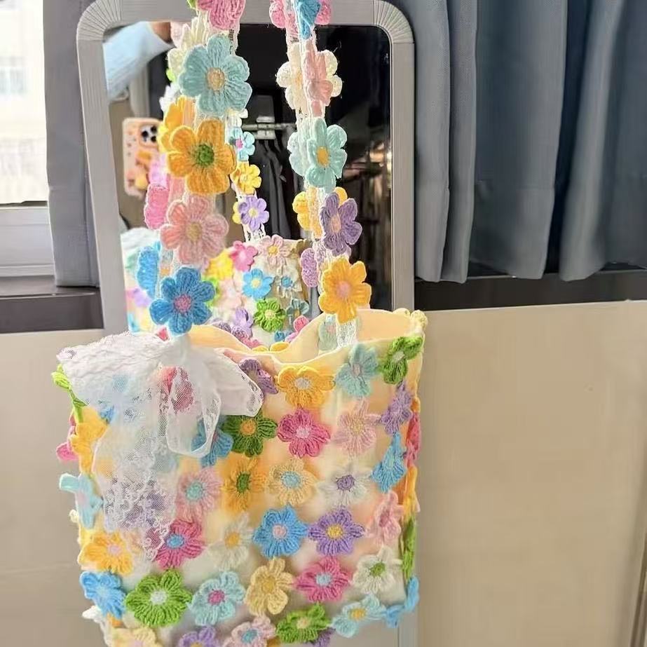 Handmade Crochet Rainbow Floral Shoulder Bag DIY Kit for Women