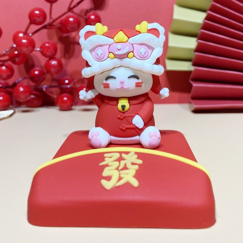 Lucky Cat Lion Dance Phone Stand Desktop Ornament Chinese New Year Gift