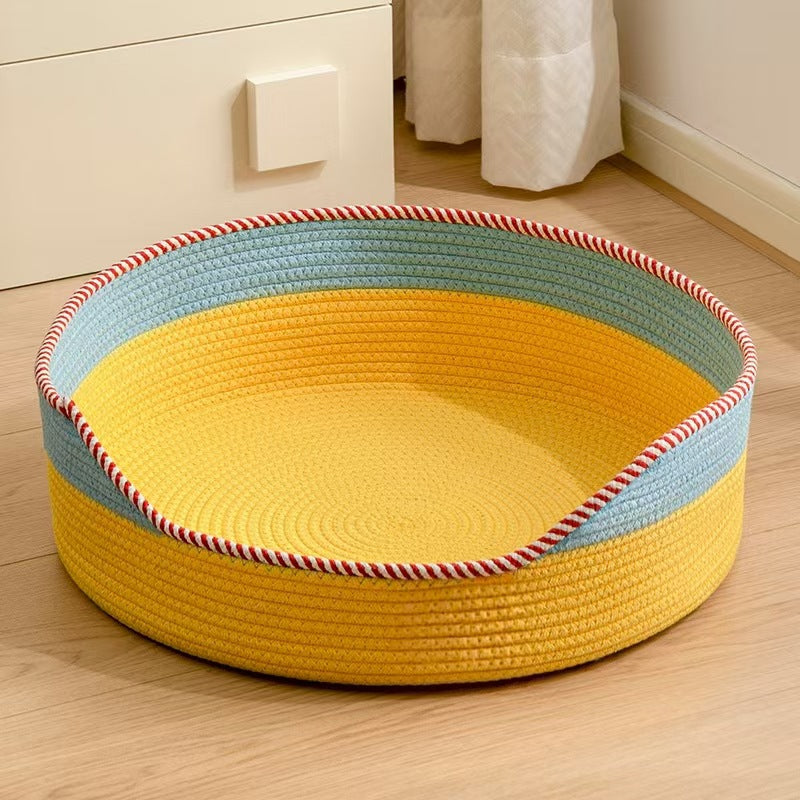 Woven Rattan Cat Bed with Cooling Mat, Scratch-Resistant Pet Sleeping Basket for All Seasons
