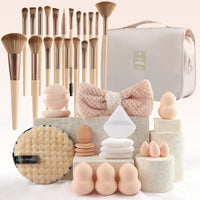 44-Piece Beige Makeup Brush and Sponge Set with Portable Toiletry Bag