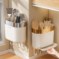 Wall-Mounted Chopstick Holder with Drain Tray, Dual Compartment Kitchen Utensil Organizer