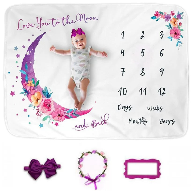 Baby Monthly Milestone Blanket with Headband & Felt Frame, Flannel Photography Background Blanket for Infant Growth