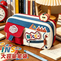 Vintage Color Block Pencil Case Multi-layer Large Capacity for Students