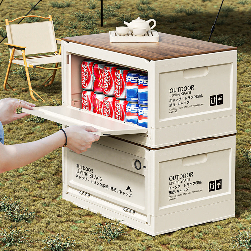 Outdoor Foldable Storage Box with Wheels and Wooden Lid for Camping Car Trunk Picnic