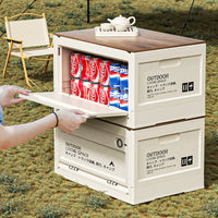 Outdoor Foldable Storage Box with Wheels and Wooden Lid for Camping Car Trunk Picnic