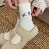 Women's Fleece Lined Fair Isle Cartoon Dog Slipper Socks for Home Wear
