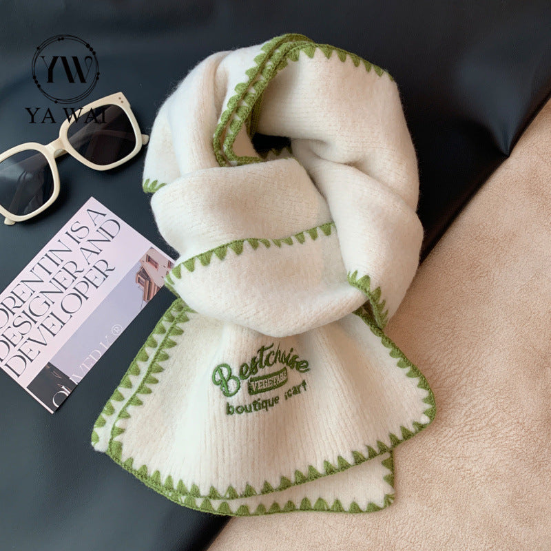 Premium Green Cashmere Knit Scarf for Women, Autumn/Winter 2025 Korean Style Warm Neck Warmer