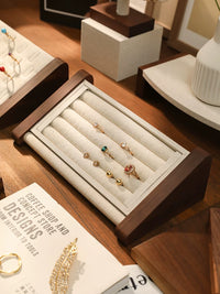 Walnut & Linen Jewelry Display Stand for Necklaces, Bracelets, Earrings, Rings