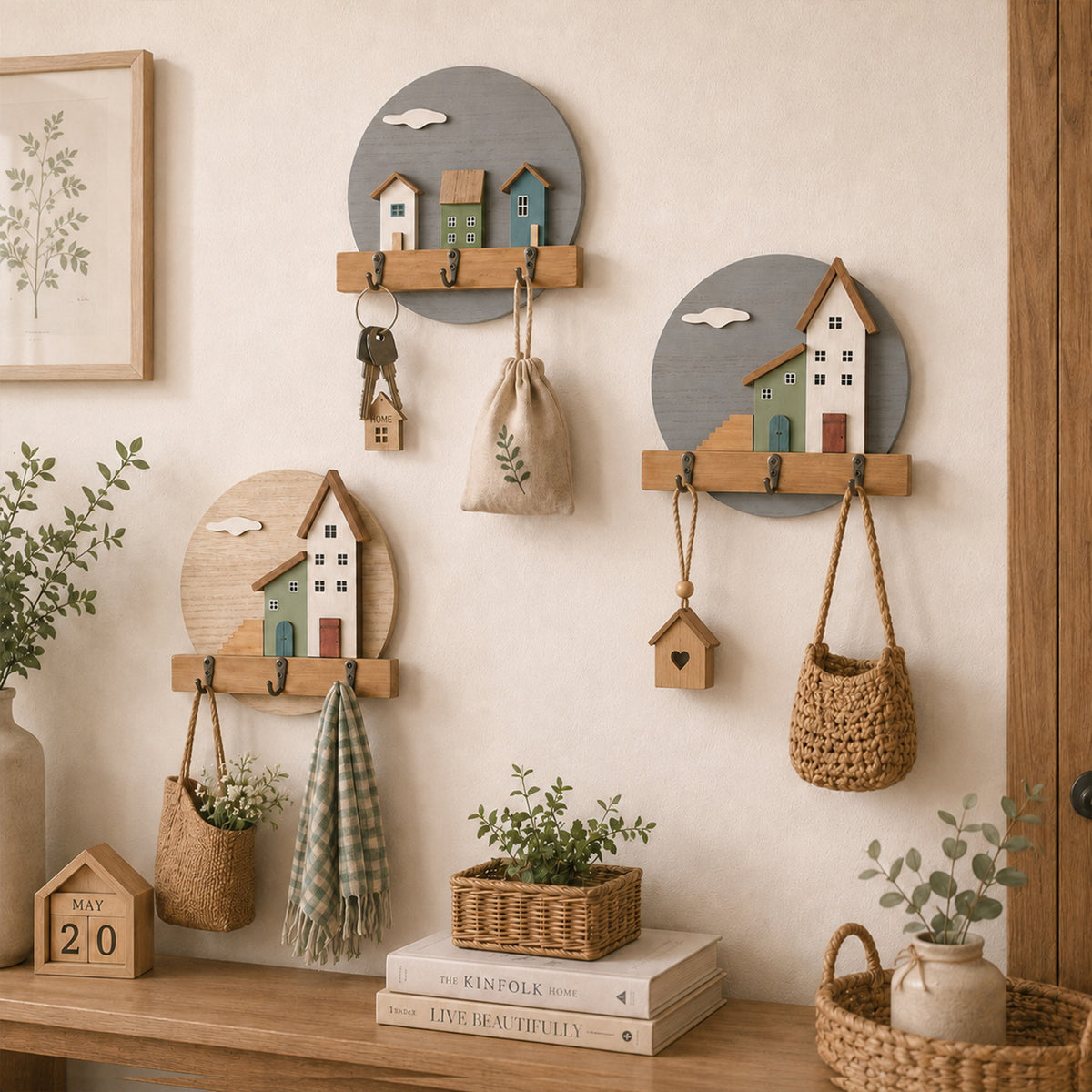 Nordic Style Wooden Wall Mounted Key Holder with Hooks for Entryway