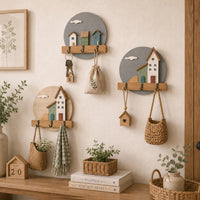 Nordic Style Wooden Wall Mounted Key Holder with Hooks for Entryway