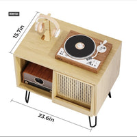 Record Player Stand with Storage Cabinets and Rattan Doors, Vinyl Record Storage Cabinet for Living Room
