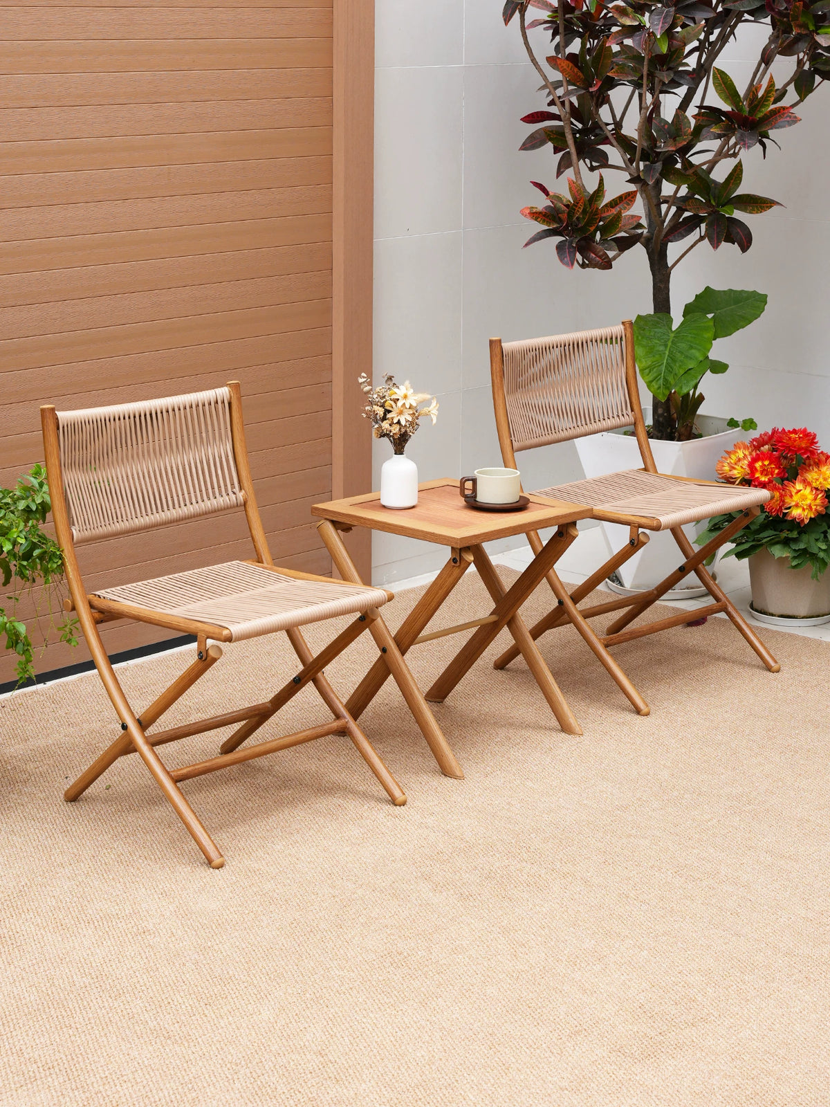 Outdoor Foldable Wicker Chair and Table Set for Patio Garden Balcony