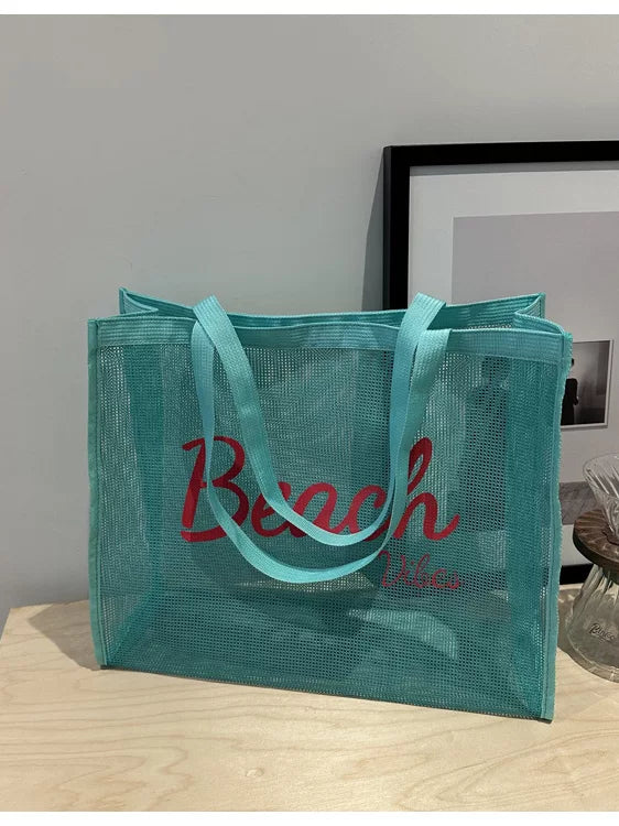 Mesh Beach Tote Bag with Letter Print, Large Capacity Transparent Shopping Swim Bag