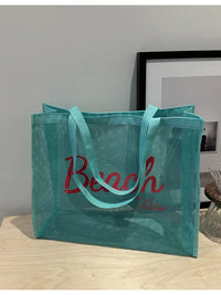 Mesh Beach Tote Bag with Letter Print, Large Capacity Transparent Shopping Swim Bag