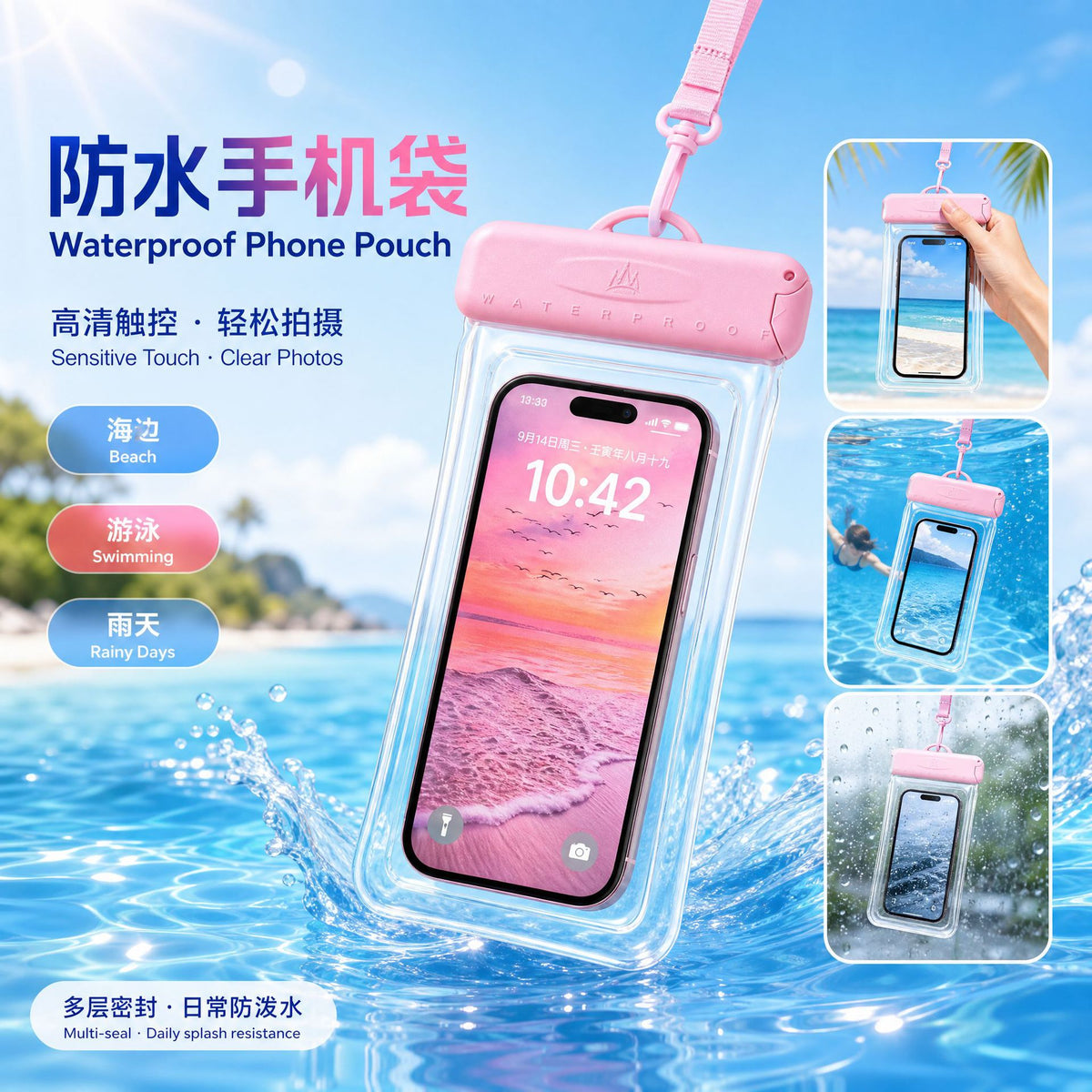 Waterproof Phone Pouch with Touchscreen Compatibility for Swimming, Diving, and Outdoor Activities