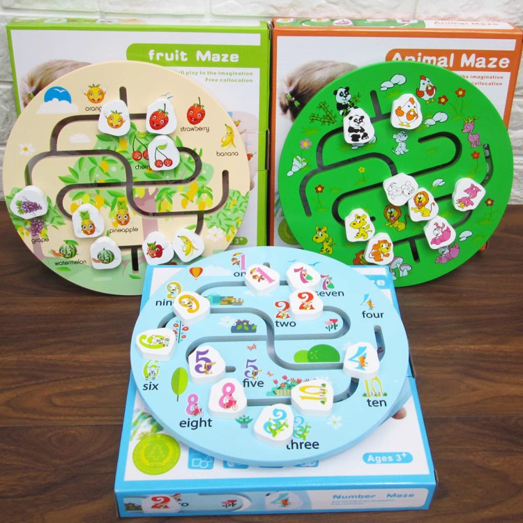 Wooden Maze Puzzle Board Game for Kids - Early Education Number, Letter, Animal, Fruit Recognition