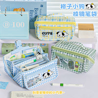 Cute Large Capacity Prism Grid Dog Pencil Case Cartoon Multifunctional Stationery Bag for Students