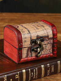 Miniature Vintage Map Wooden Treasure Chest with Lock for Jewelry and Collectibles