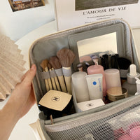 Portable Standing Mirror Makeup Bag with Compartments, Waterproof Travel Toiletry Organizer for Brushes and Cosmetics