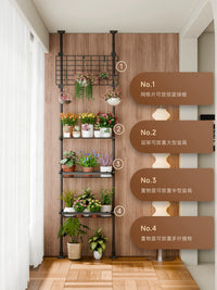 Adjustable Tension Rod Plant Stand with Multi-Tier Shelves and Baskets for Balcony and Indoor Display