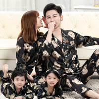 Family Matching Cartoon Ice Silk Pajama Sets for Summer, Short Sleeve Tops and Shorts/Pants for Parents and Kids