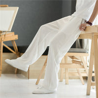 Men's Summer Linen Blend Straight Leg Casual Pants Loose Fit Wide Leg Trousers