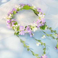 Forest Style Floral Garland Headband with Long Tassels and Green Leaves for Brides and Stage Performances