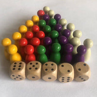 Colorful Educational Wooden Game Pieces Set for Board Games - Pawns, Checkers, Dice - 66 Pieces