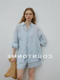 COUNTON Linen Blend Relaxed Fit Shirt & Shorts Set for Women