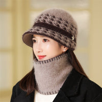 Women's Winter Faux Rabbit Fur Hat and Scarf Set for Elderly, Plush Lined Warm Beanie with Neck Warmer