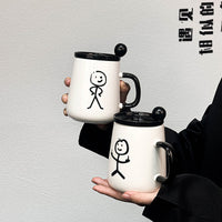 Creative Cartoon Ceramic Mug with Lid Couple Water Cup Home Coffee Cup Cute Graffiti Cup Gift