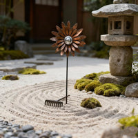Outdoor Rusty Metal Flower Garden Stakes with Stainless Steel Ball, Flame Flower Yard Art Decor